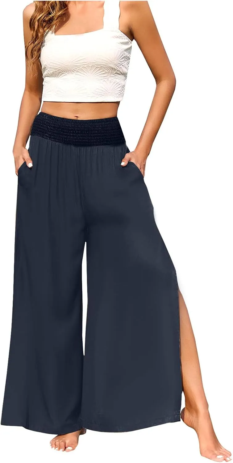 Womens Summer Cotton Linen Palazzo Pants High Waisted Slit Wide Leg Baggy Casual Long Beach Flowy Lounge Trousers