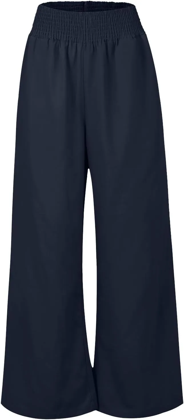 Womens Summer Cotton Linen Palazzo Pants High Waisted Slit Wide Leg Baggy Casual Long Beach Flowy Lounge Trousers