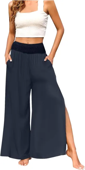 Womens Summer Cotton Linen Palazzo Pants High Waisted Slit Wide Leg Baggy Casual Long Beach Flowy Lounge Trousers