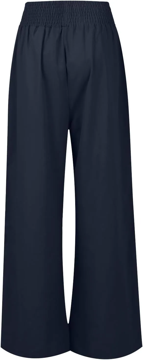 Womens Summer Cotton Linen Palazzo Pants High Waisted Slit Wide Leg Baggy Casual Long Beach Flowy Lounge Trousers