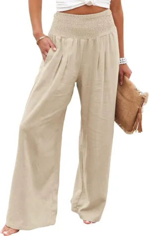 Womens Summer Cotton Linen Pants Wide Leg Pants Stretch High Waist Pant Solid Color Casual Trousers with Pockets