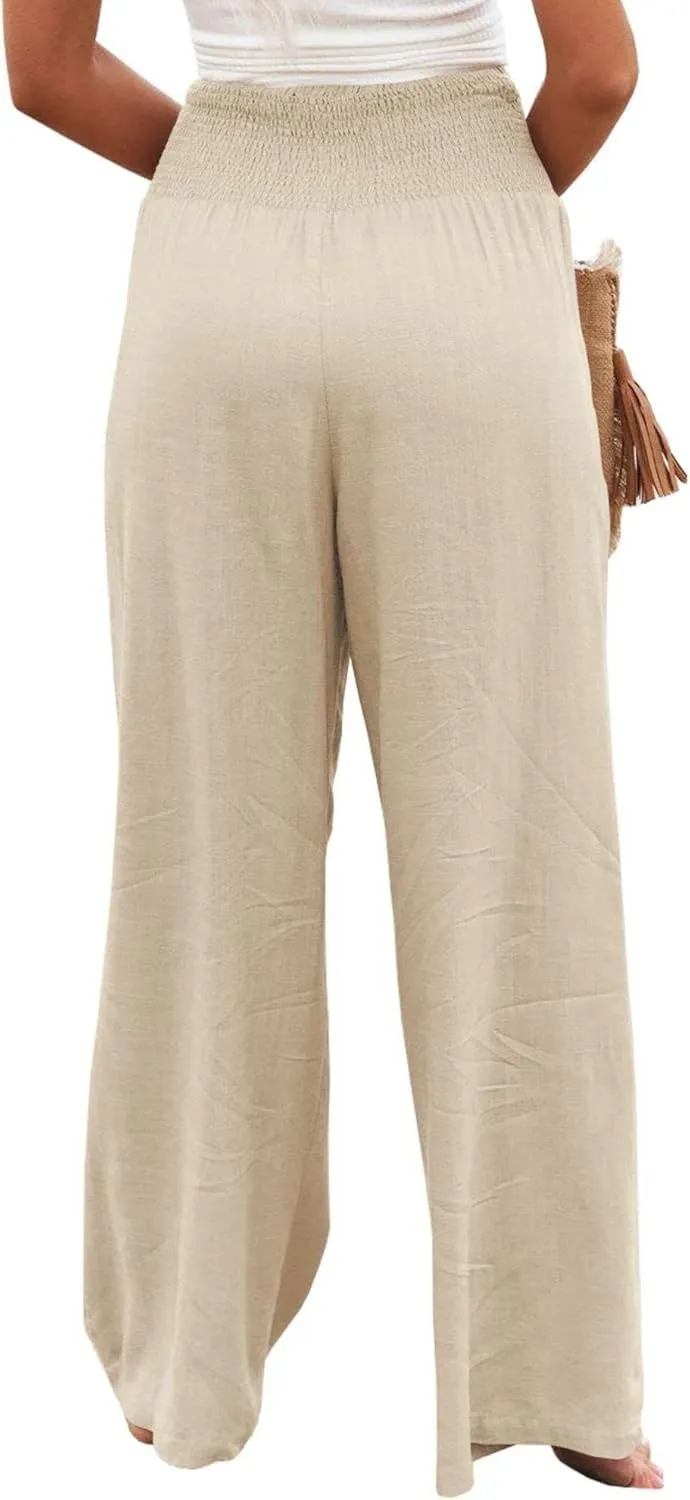 Womens Summer Cotton Linen Pants Wide Leg Pants Stretch High Waist Pant Solid Color Casual Trousers with Pockets