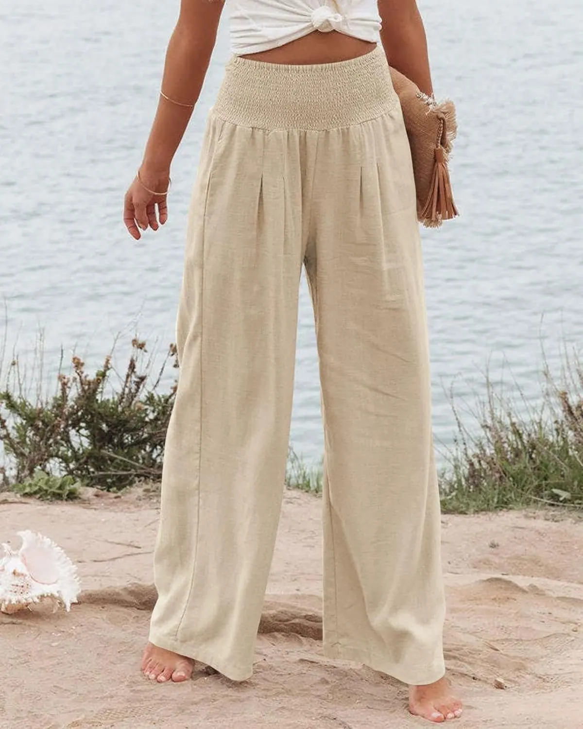 Womens Summer Cotton Linen Pants Wide Leg Pants Stretch High Waist Pant Solid Color Casual Trousers with Pockets