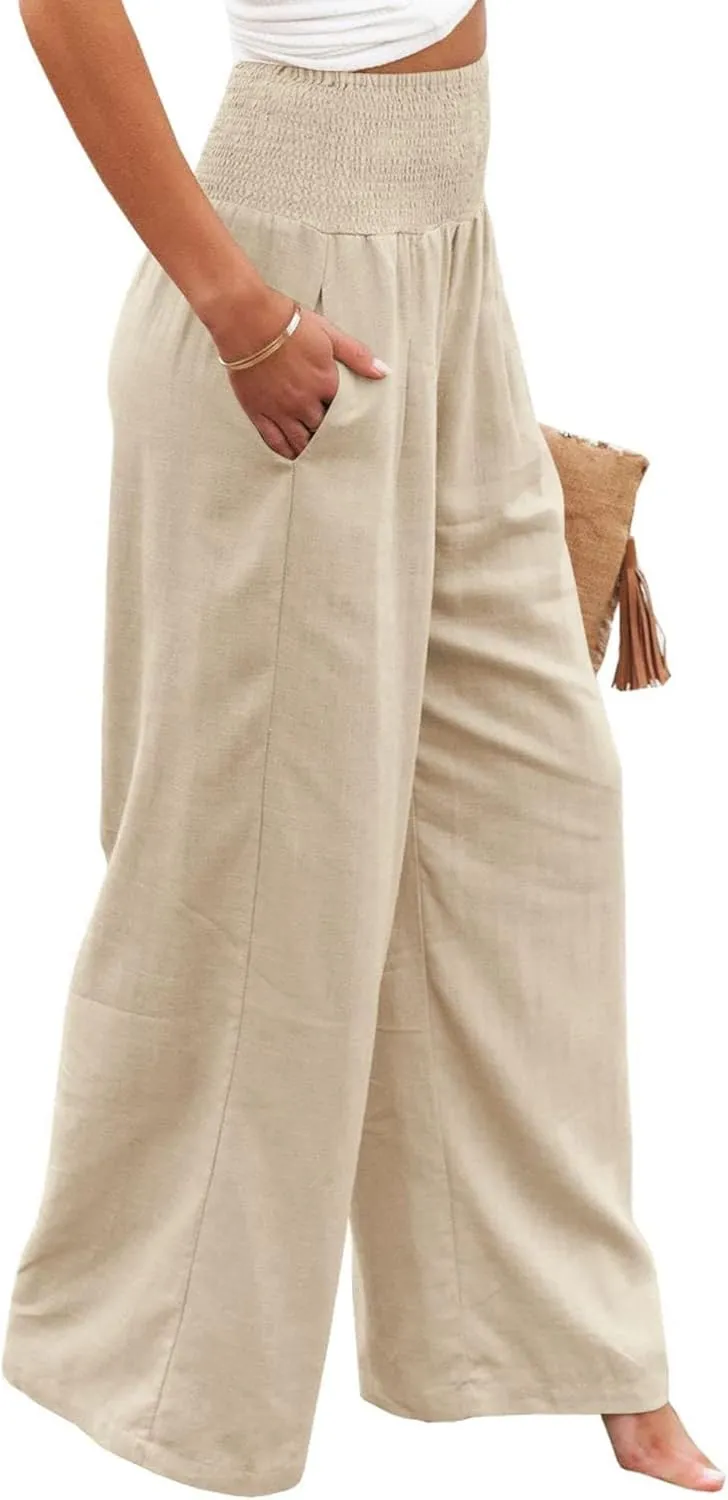 Womens Summer Cotton Linen Pants Wide Leg Pants Stretch High Waist Pant Solid Color Casual Trousers with Pockets