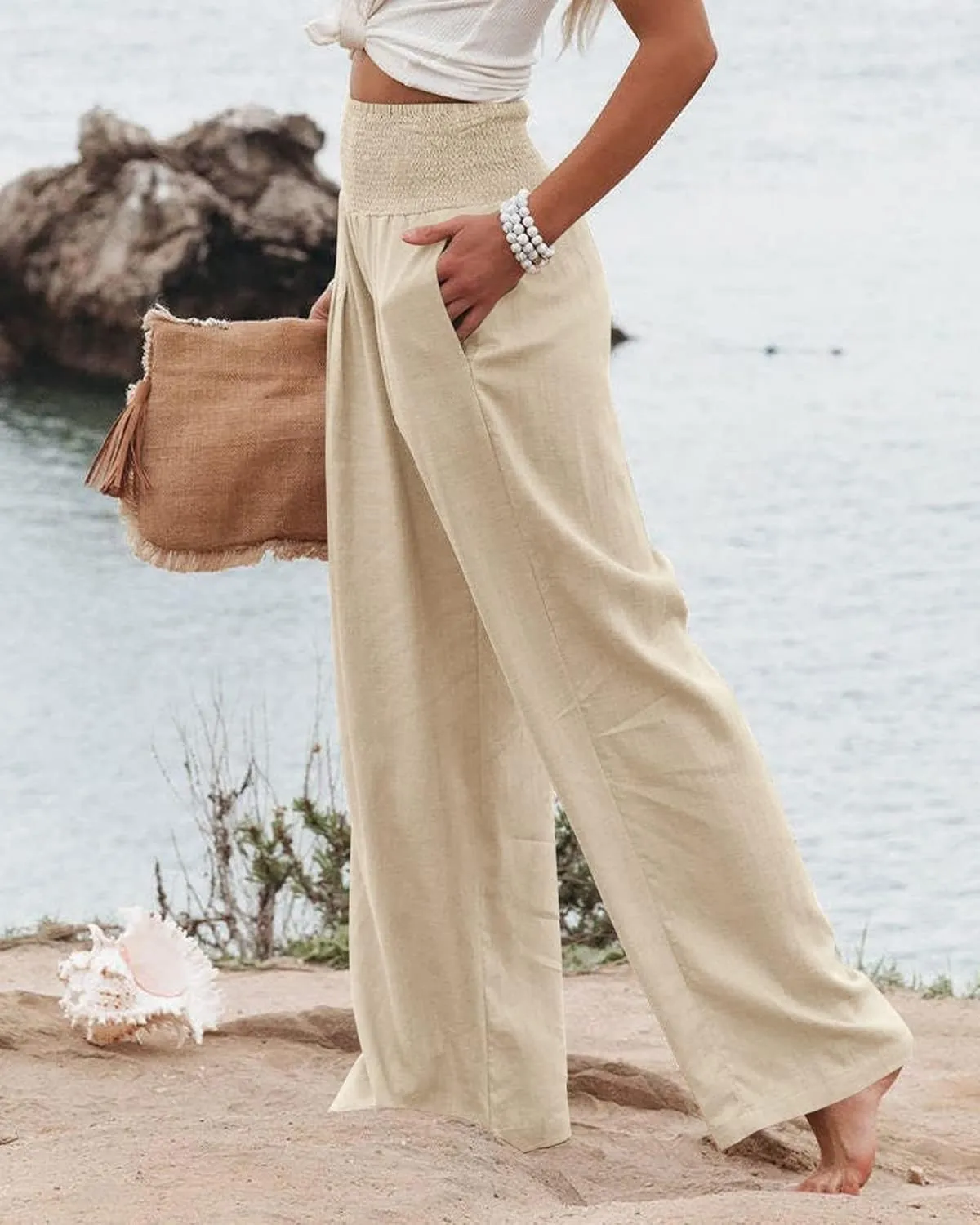Womens Summer Cotton Linen Pants Wide Leg Pants Stretch High Waist Pant Solid Color Casual Trousers with Pockets