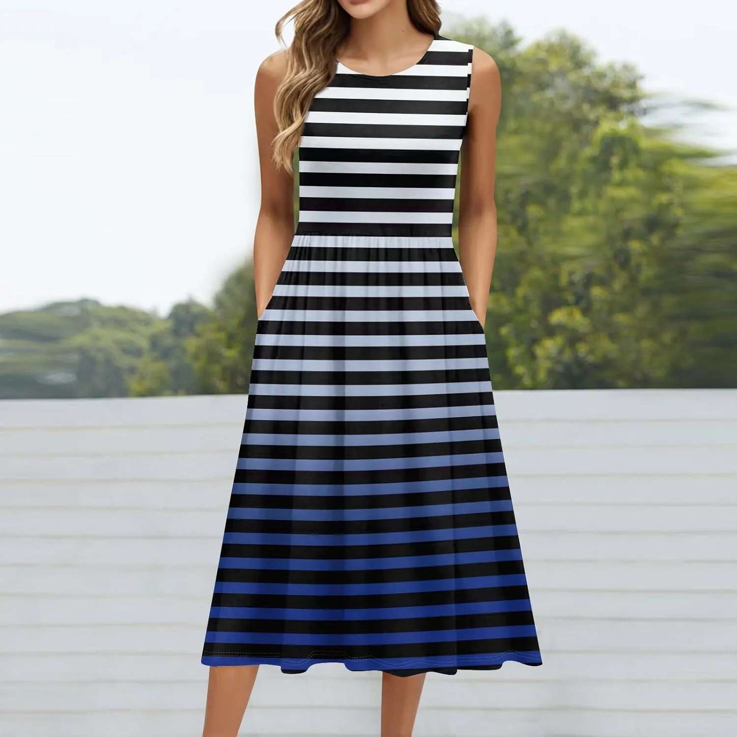 Womens Summer Dresses Flowy A-Line Sundresses Beach Floral Sleeveless Mid Dress Casual Tshirt Tank Dresses with Pockets