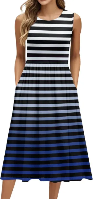Womens Summer Dresses Flowy A-Line Sundresses Beach Floral Sleeveless Mid Dress Casual Tshirt Tank Dresses with Pockets