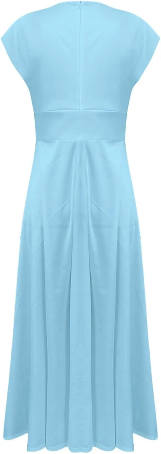 Womens Summer Dresses Flowy Ruched Sleeveless Sundress Floral Print Wrap V Neck Maxi Dress High Waist Boho Dress