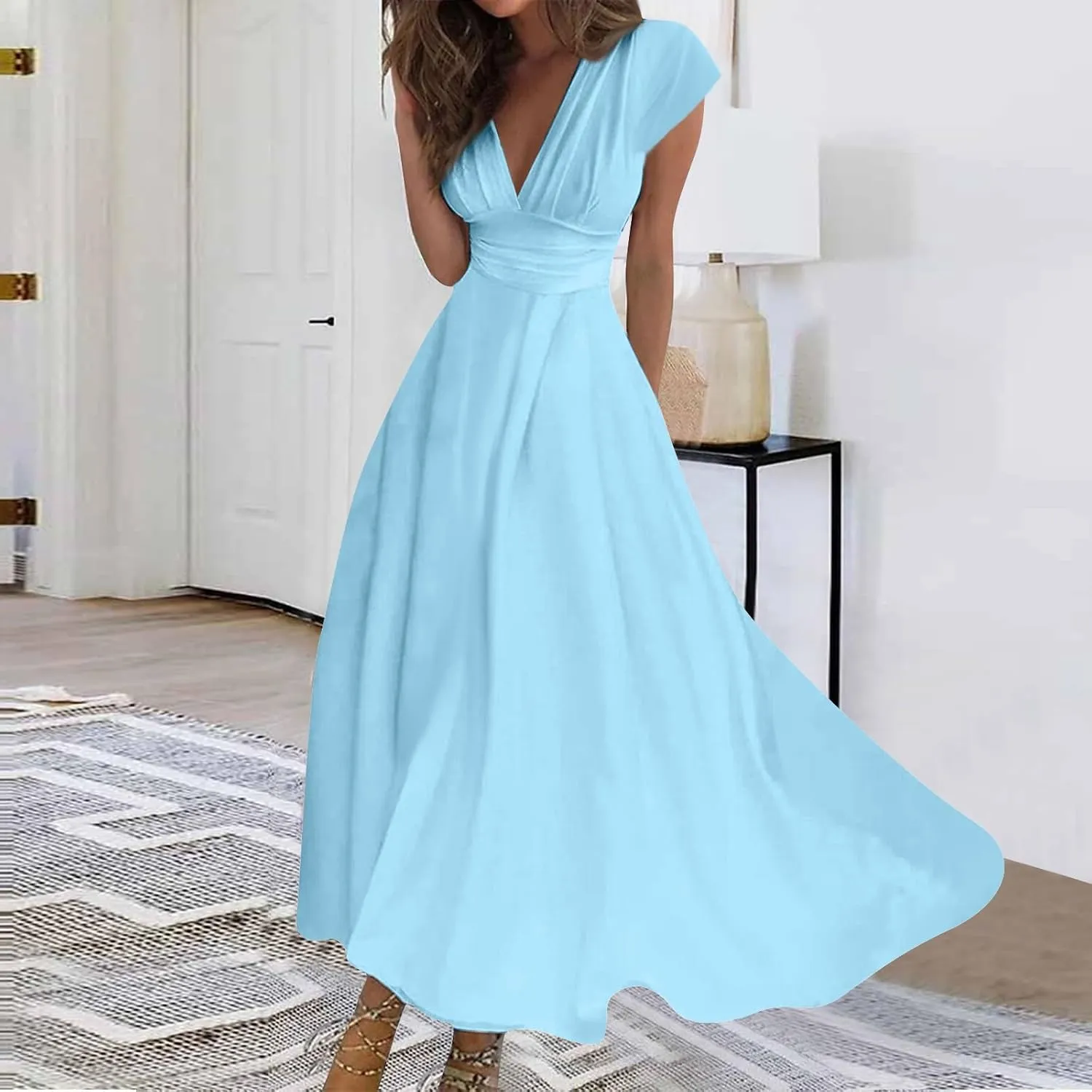 Womens Summer Dresses Flowy Ruched Sleeveless Sundress Floral Print Wrap V Neck Maxi Dress High Waist Boho Dress