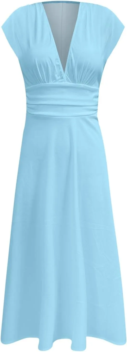 Womens Summer Dresses Flowy Ruched Sleeveless Sundress Floral Print Wrap V Neck Maxi Dress High Waist Boho Dress