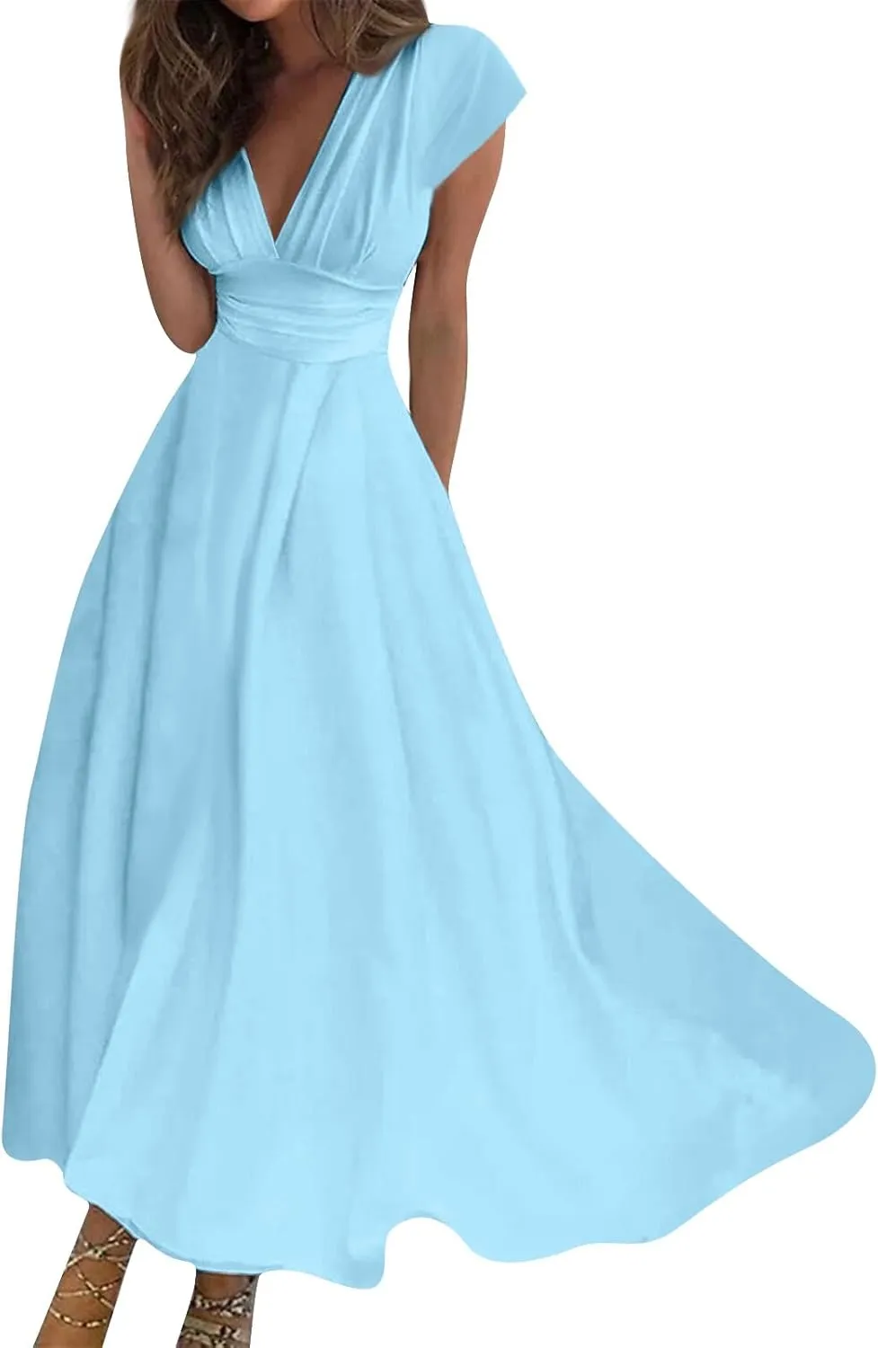 Womens Summer Dresses Flowy Ruched Sleeveless Sundress Floral Print Wrap V Neck Maxi Dress High Waist Boho Dress