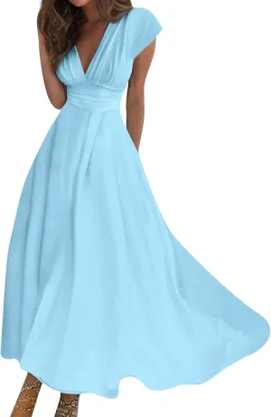 Womens Summer Dresses Flowy Ruched Sleeveless Sundress Floral Print Wrap V Neck Maxi Dress High Waist Boho Dress