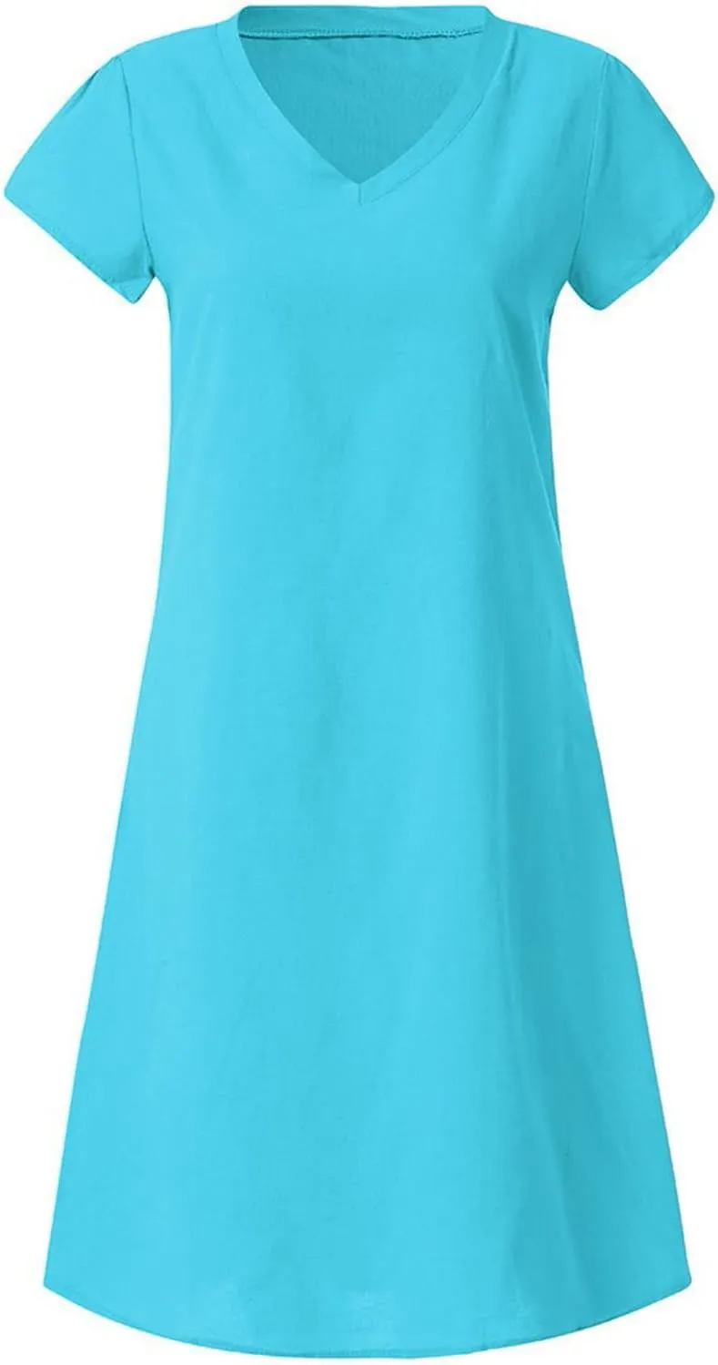 Women's Summer Dresses Knee Length Midi Sundress Cotton Linen Plus Size Shirt Dress Short Sleeve Tunic Shift Dress