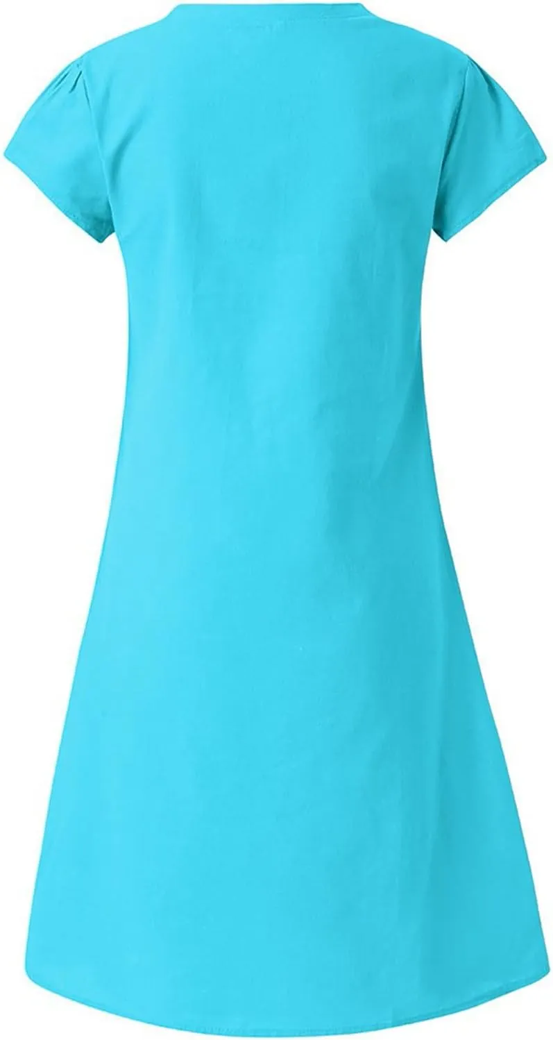 Women's Summer Dresses Knee Length Midi Sundress Cotton Linen Plus Size Shirt Dress Short Sleeve Tunic Shift Dress
