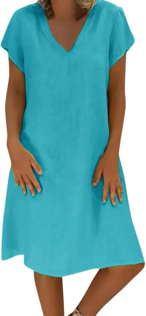 Women's Summer Dresses Knee Length Midi Sundress Cotton Linen Plus Size Shirt Dress Short Sleeve Tunic Shift Dress