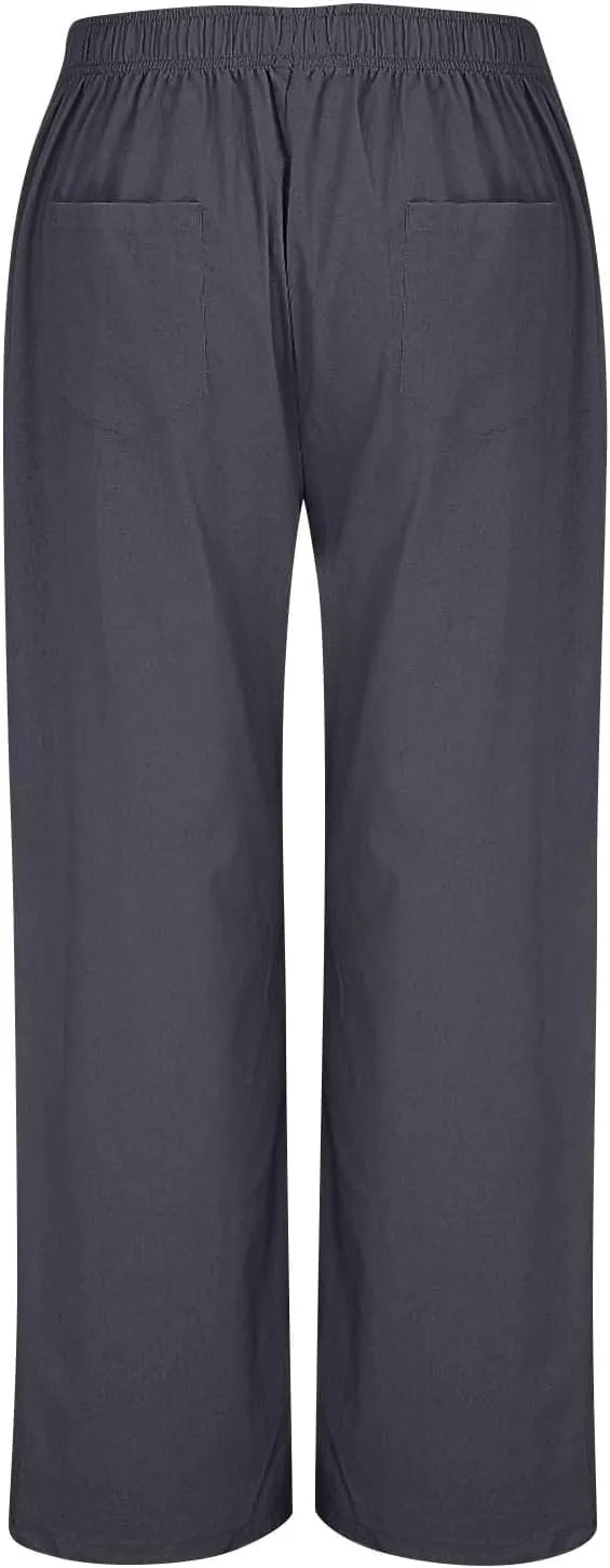Women's Summer High-Waisted Trousers Button Elastic Waist Wide-Leg Pants Beach Cotton Linen Casual Palazzo Pant