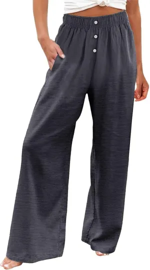Women's Summer High-Waisted Trousers Button Elastic Waist Wide-Leg Pants Beach Cotton Linen Casual Palazzo Pant