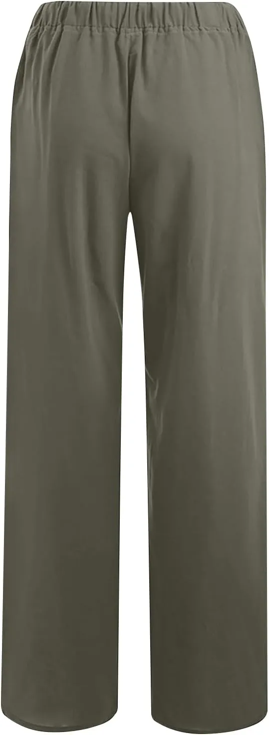 Women's Summer Linen Pants High Waisted Drawstring Wide Leg Palazzo Pants Loose Casual Lounge Trousers with Pockets
