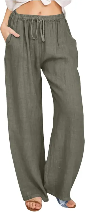 Women's Summer Linen Pants High Waisted Drawstring Wide Leg Palazzo Pants Loose Casual Lounge Trousers with Pockets