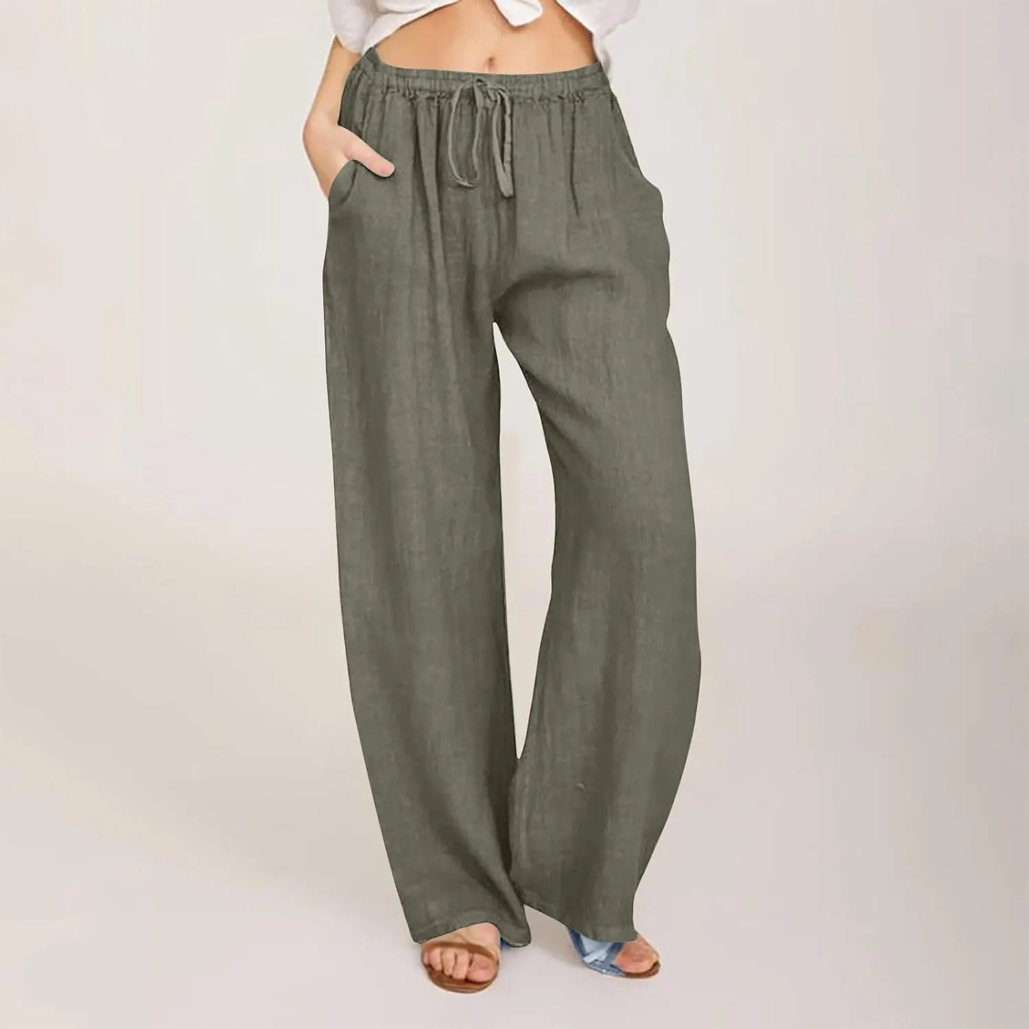 Women's Summer Linen Pants High Waisted Drawstring Wide Leg Palazzo Pants Loose Casual Lounge Trousers with Pockets