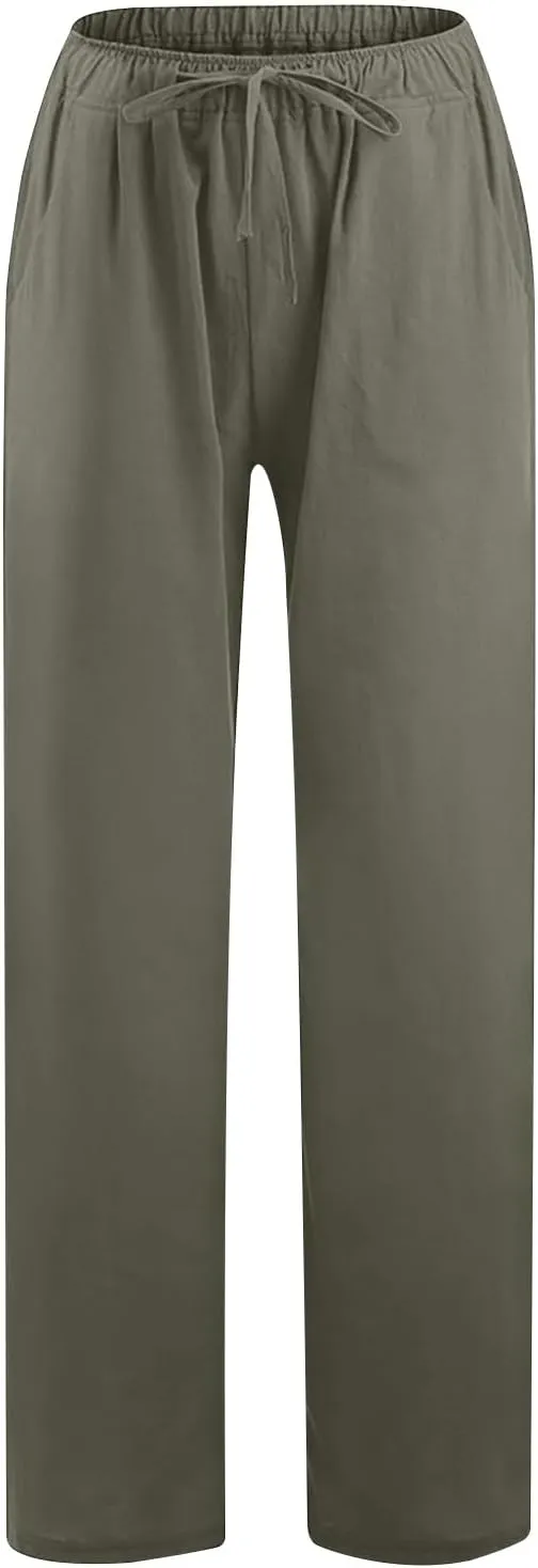 Women's Summer Linen Pants High Waisted Drawstring Wide Leg Palazzo Pants Loose Casual Lounge Trousers with Pockets