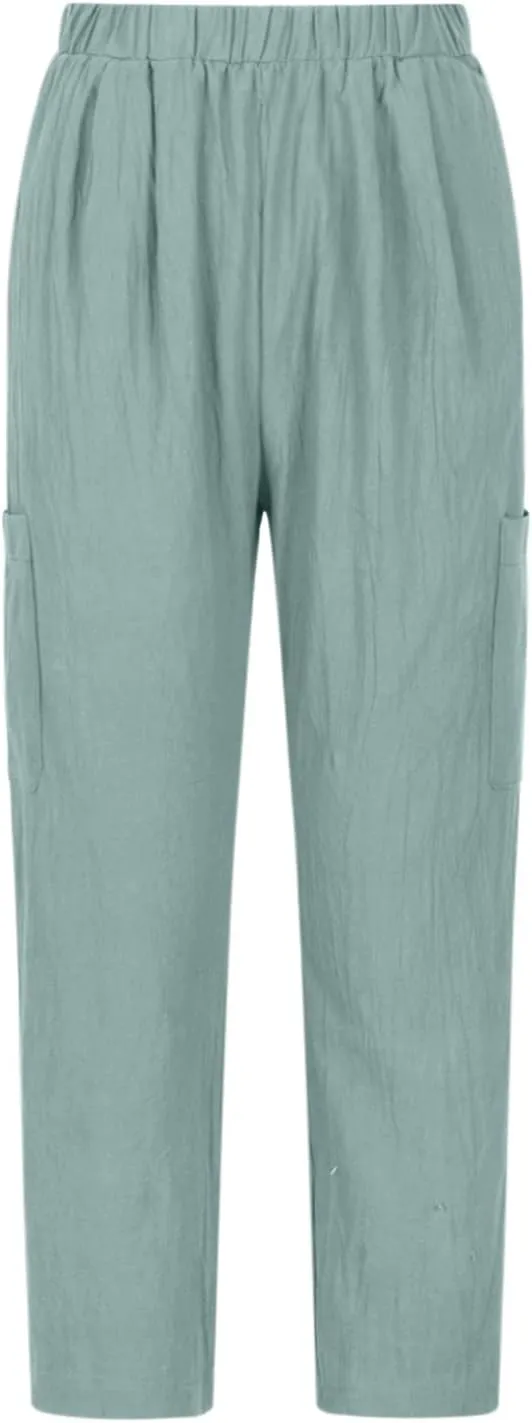 Womens Summer Linen Pants with 4 Pockets Straight Leg Elastic Waist Ankle Length Pants Casual Trousers Bottoms