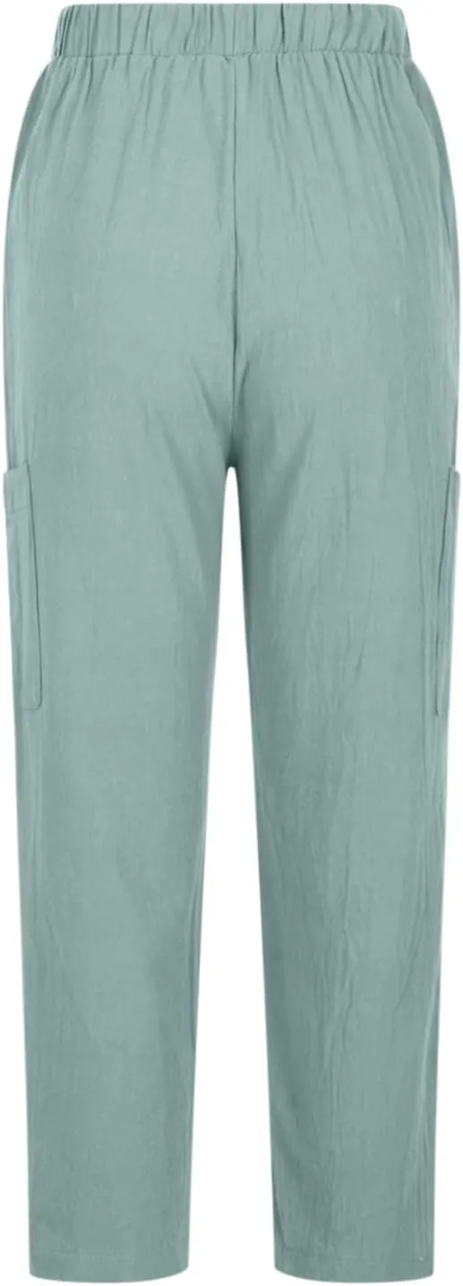 Womens Summer Linen Pants with 4 Pockets Straight Leg Elastic Waist Ankle Length Pants Casual Trousers Bottoms