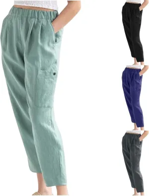 Womens Summer Linen Pants with 4 Pockets Straight Leg Elastic Waist Ankle Length Pants Casual Trousers Bottoms