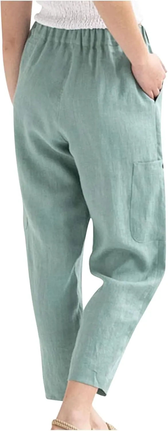 Womens Summer Linen Pants with 4 Pockets Straight Leg Elastic Waist Ankle Length Pants Casual Trousers Bottoms