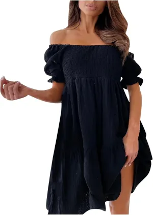 Womens Summer Mini Dress Smocked Off Shoulder Short Sleeve Tiered Ruffle Hem Flowy Swing Sundress Beach Party Dresses