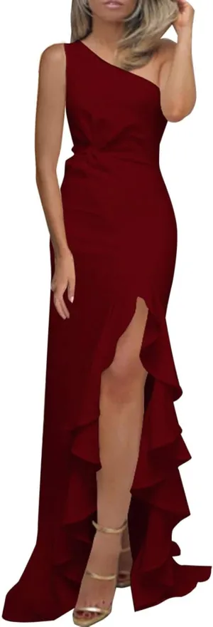 Women's Summer One Shoulder Long Formal Dresses Ruffle Hem Sleeveless Ruched Bodycon Wedding Guest Slit Maxi Dress