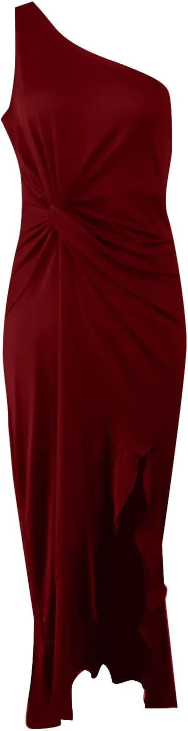 Women's Summer One Shoulder Long Formal Dresses Ruffle Hem Sleeveless Ruched Bodycon Wedding Guest Slit Maxi Dress