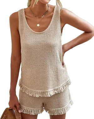 Womens Summer Shorts Sets 2 Piece Outfits Cozy Tank Top and Shorts Set with Tassel Lounge Sets