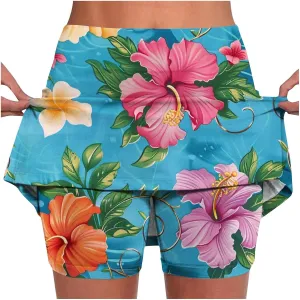 Womens Summer Tennis Skirts with Shorts Workout Golf Athletic Skirts Hawaiian Vacation Floral Print High Waist Skorts
