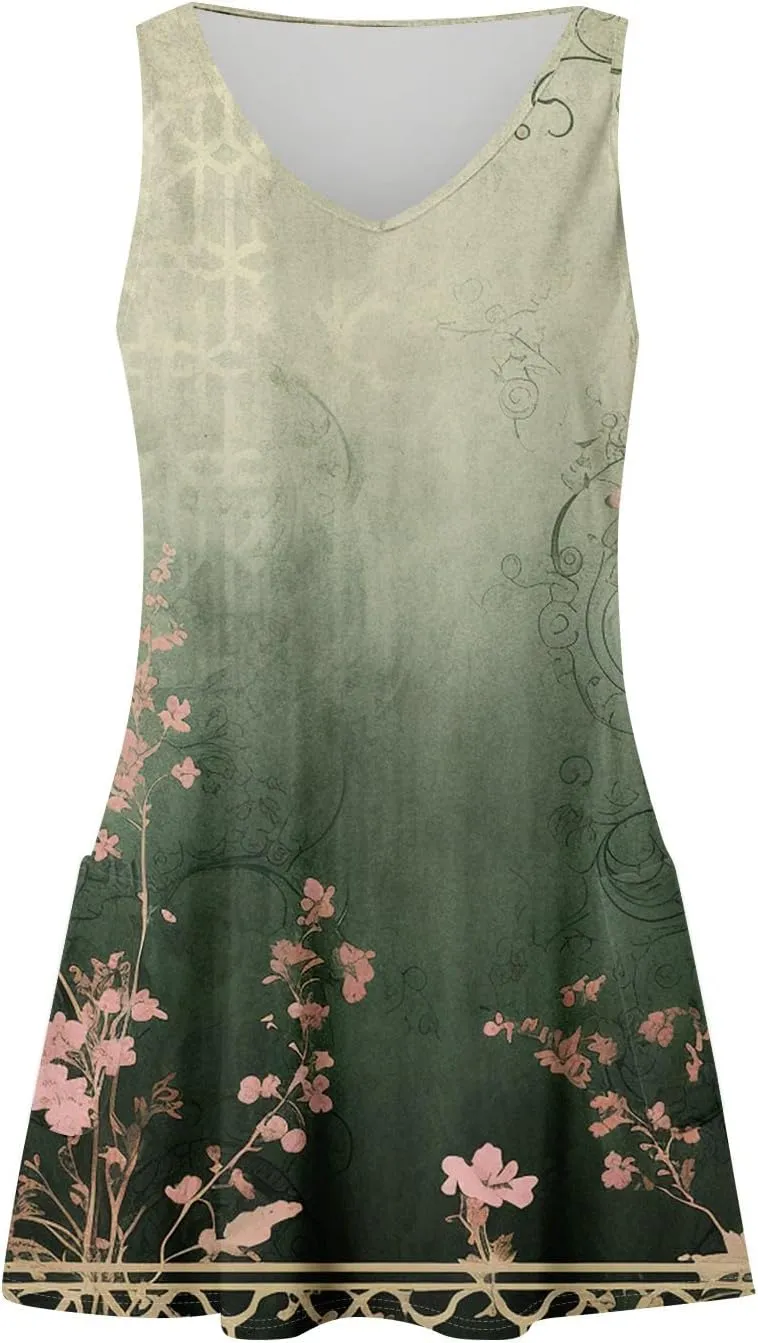 Women's Sun Dresses Summer Casual V Neck Sundresses Boho Tank Dress Beach Vacation Clothes with Pockets