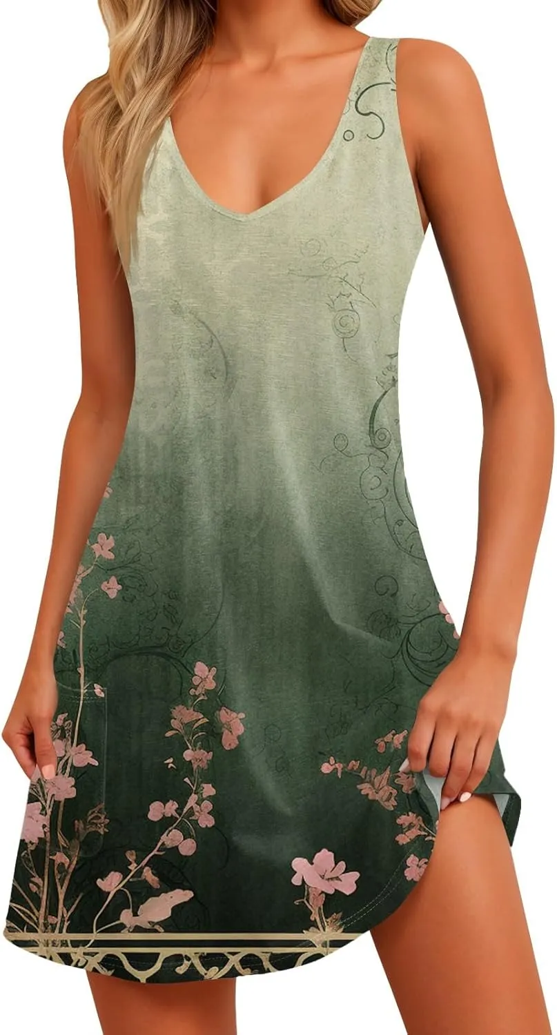 Women's Sun Dresses Summer Casual V Neck Sundresses Boho Tank Dress Beach Vacation Clothes with Pockets