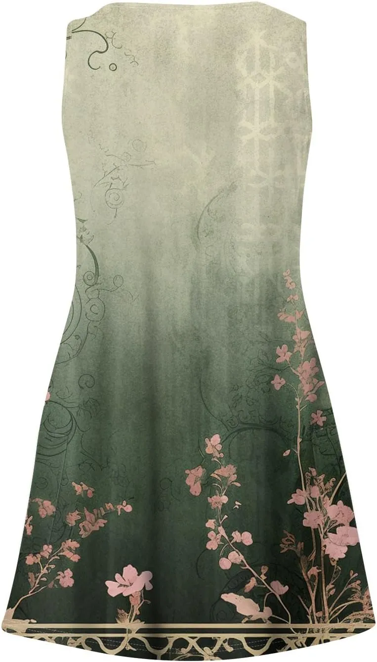 Women's Sun Dresses Summer Casual V Neck Sundresses Boho Tank Dress Beach Vacation Clothes with Pockets