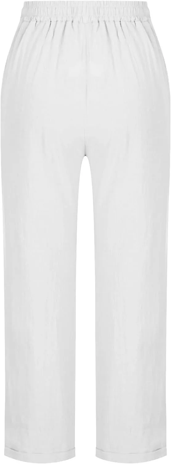 Womens Tapered Pants Cotton Linen Drawstring Elastic Waist Pants Summer Casual Trousers Plus Size Slacks with Pockets