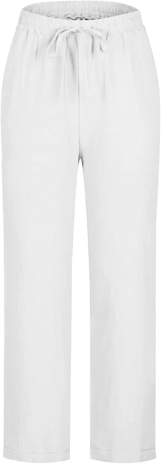 Womens Tapered Pants Cotton Linen Drawstring Elastic Waist Pants Summer Casual Trousers Plus Size Slacks with Pockets