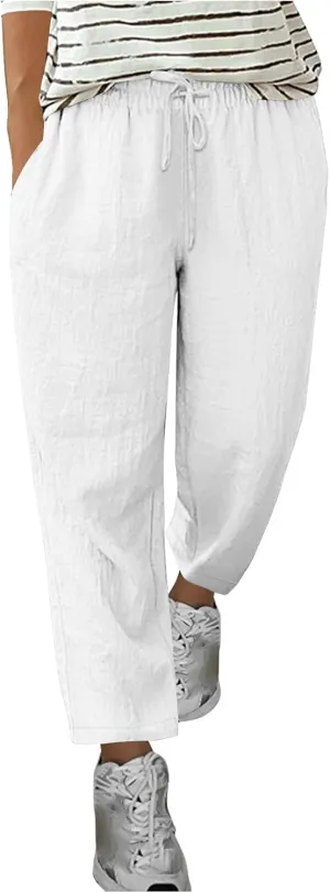 Womens Tapered Pants Cotton Linen Drawstring Elastic Waist Pants Summer Casual Trousers Plus Size Slacks with Pockets