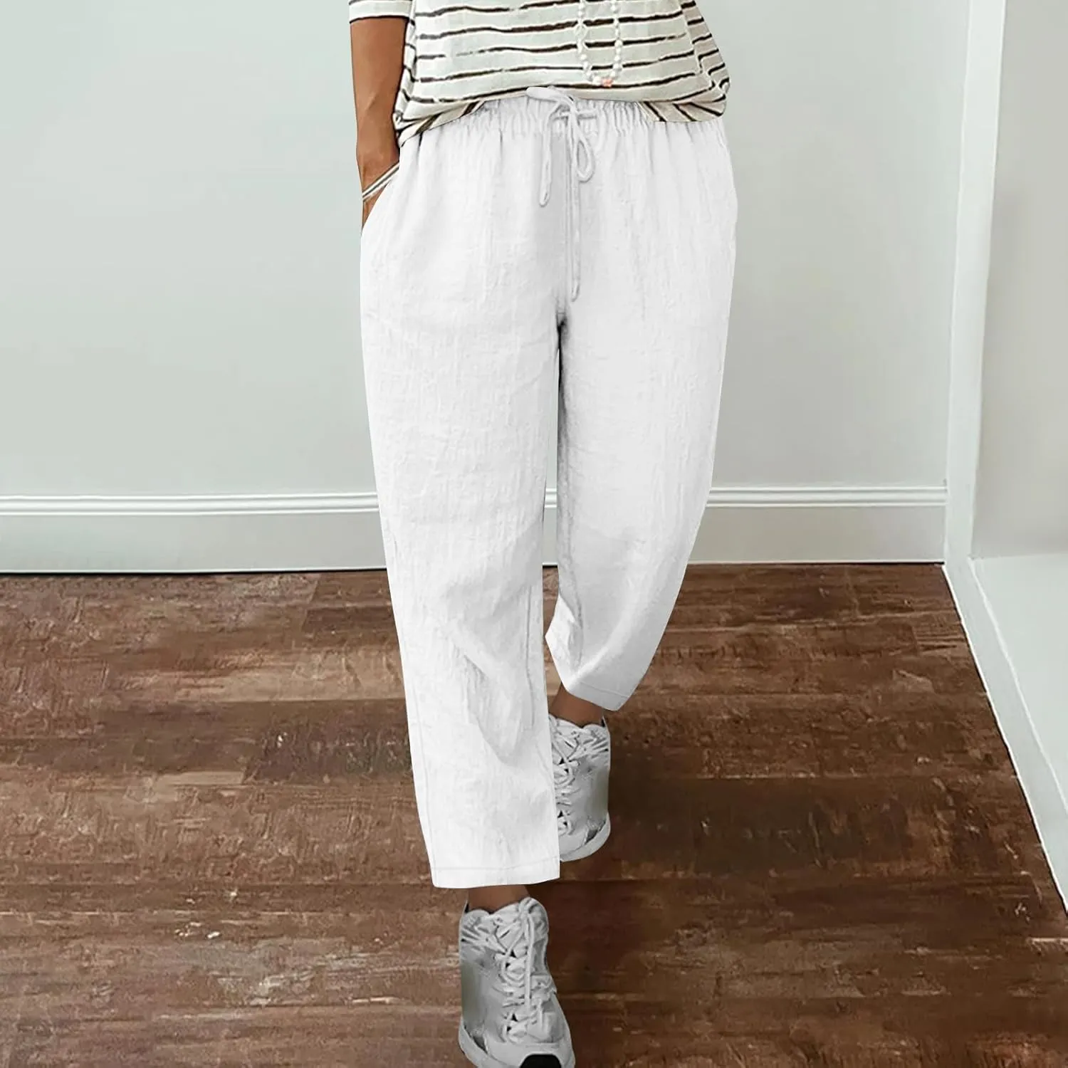Womens Tapered Pants Cotton Linen Drawstring Elastic Waist Pants Summer Casual Trousers Plus Size Slacks with Pockets