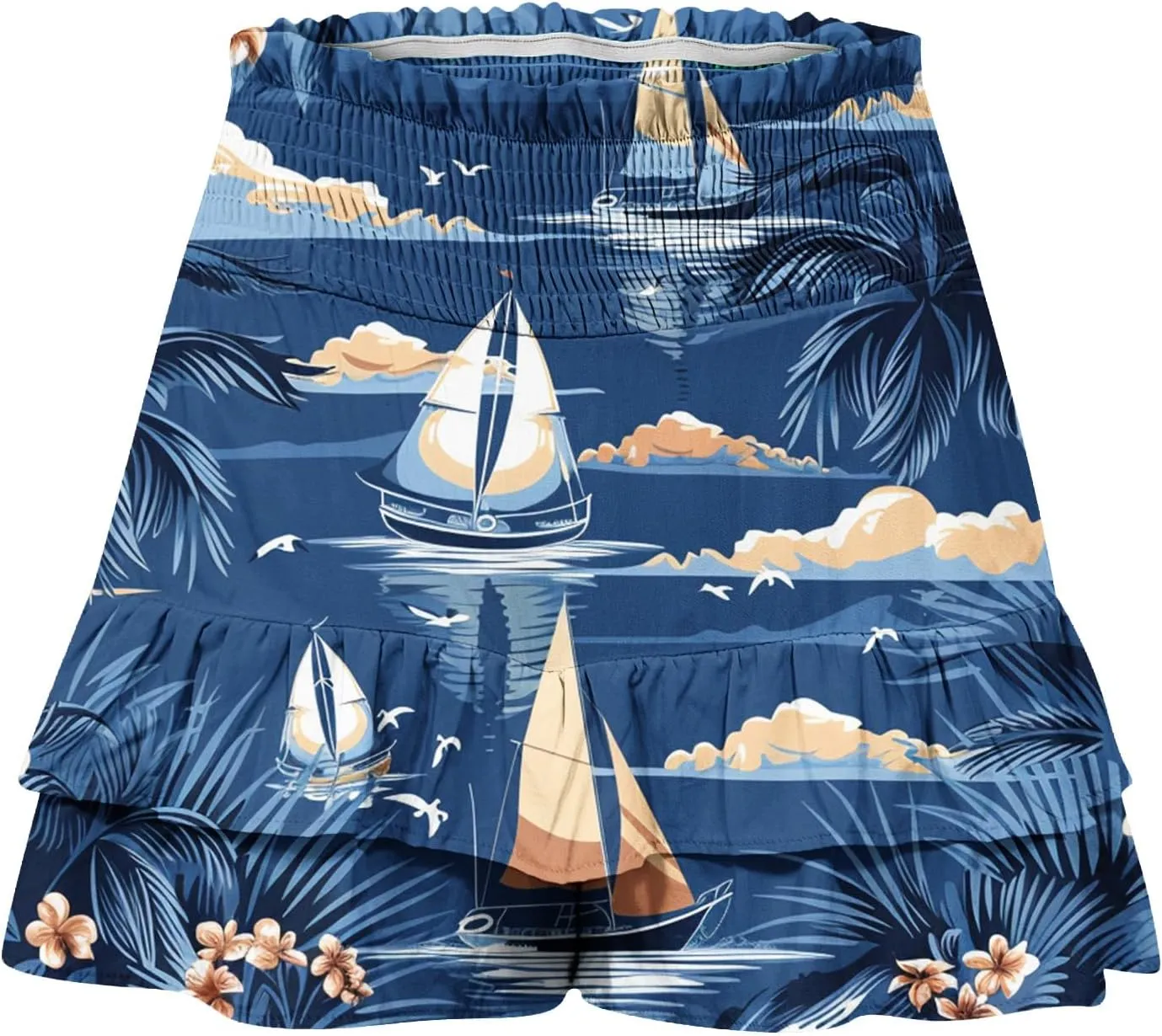 Womens Tie Dye Ruffle Mini Skirt High Waist Elastic Layered Summer Skort Shorts Casual Beach Skirt Inner Liner Shorts