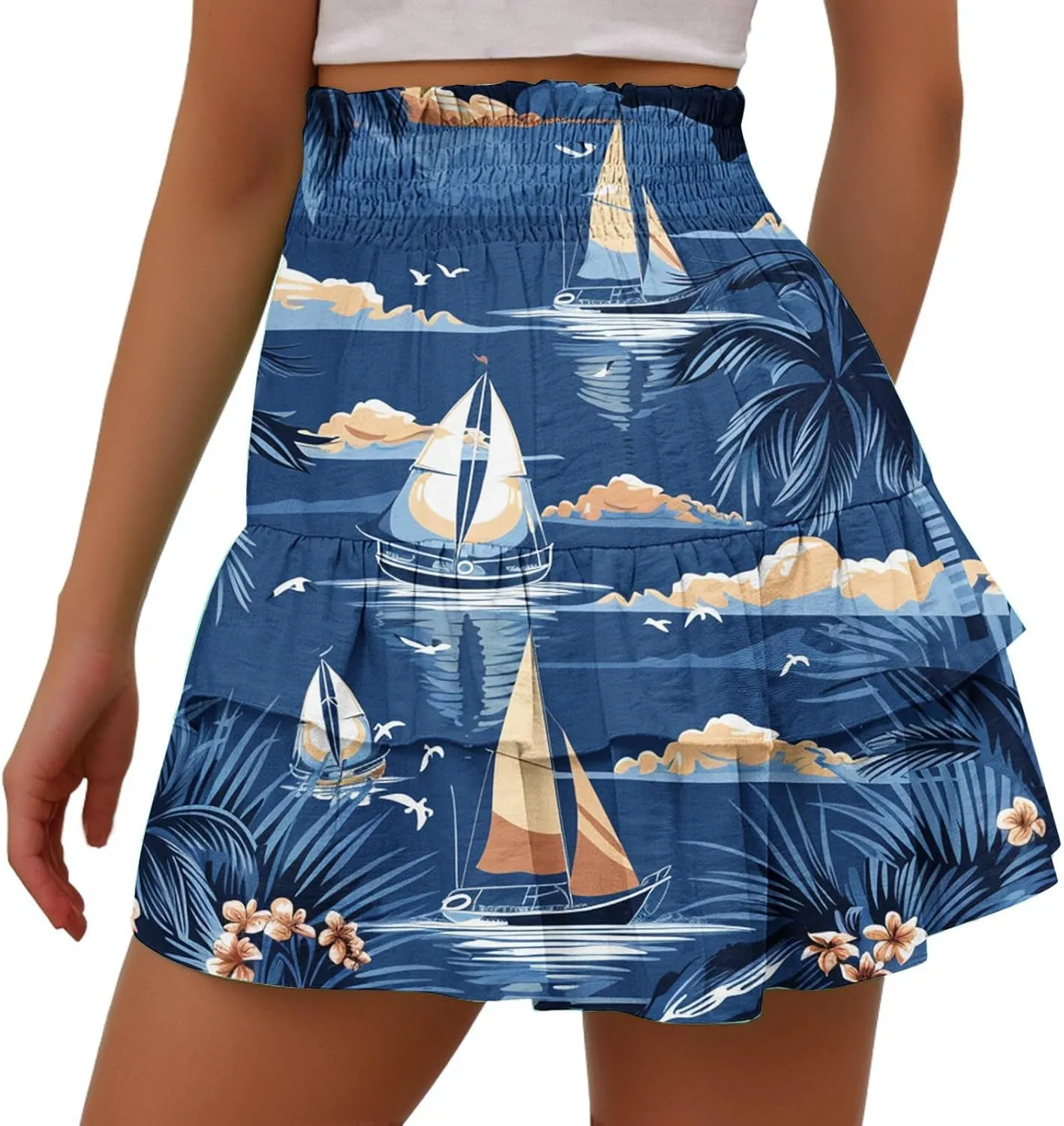 Womens Tie Dye Ruffle Mini Skirt High Waist Elastic Layered Summer Skort Shorts Casual Beach Skirt Inner Liner Shorts