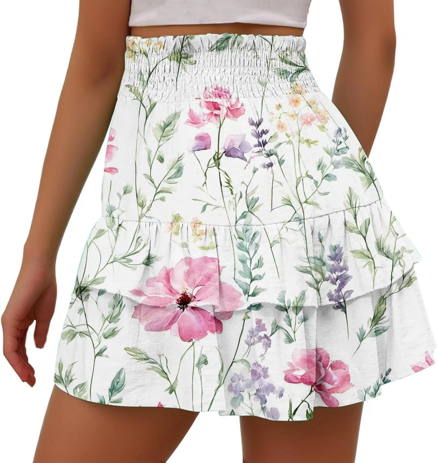 Womens Tie Dye Ruffle Mini Skirt High Waist Elastic Layered Summer Skort Shorts Casual Beach Skirt Inner Liner Shorts