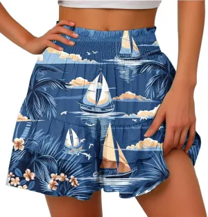 Womens Tie Dye Ruffle Mini Skirt High Waist Elastic Layered Summer Skort Shorts Casual Beach Skirt Inner Liner Shorts