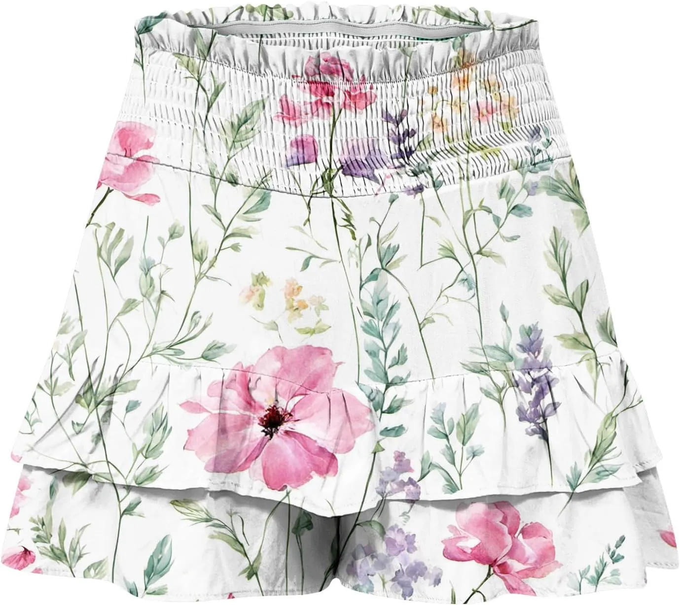 Womens Tie Dye Ruffle Mini Skirt High Waist Elastic Layered Summer Skort Shorts Casual Beach Skirt Inner Liner Shorts