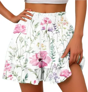 Womens Tie Dye Ruffle Mini Skirt High Waist Elastic Layered Summer Skort Shorts Casual Beach Skirt Inner Liner Shorts