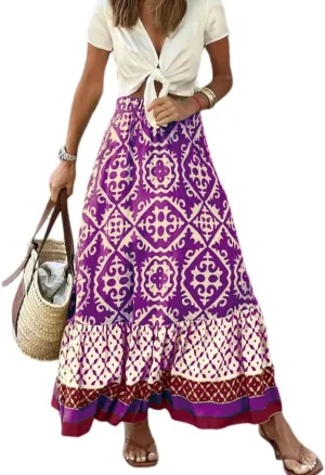 Women's Tiered Paisley Print Bohemian Long Skirts Summer Beach Pleated A Line Elastic High Waist Maxi Skirts for Women