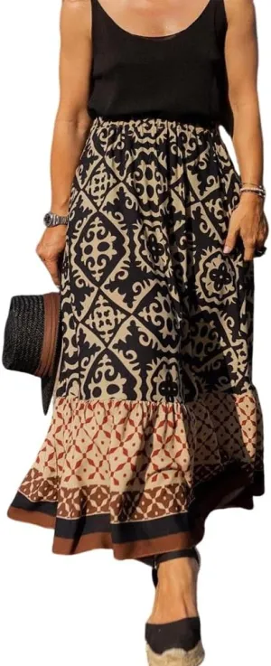 Women's Tiered Paisley Print Bohemian Long Skirts Summer Beach Pleated A Line Elastic High Waist Maxi Skirts for Women