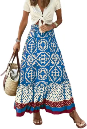 Women's Tiered Paisley Print Bohemian Long Skirts Summer Beach Pleated A Line Elastic High Waist Maxi Skirts for Women